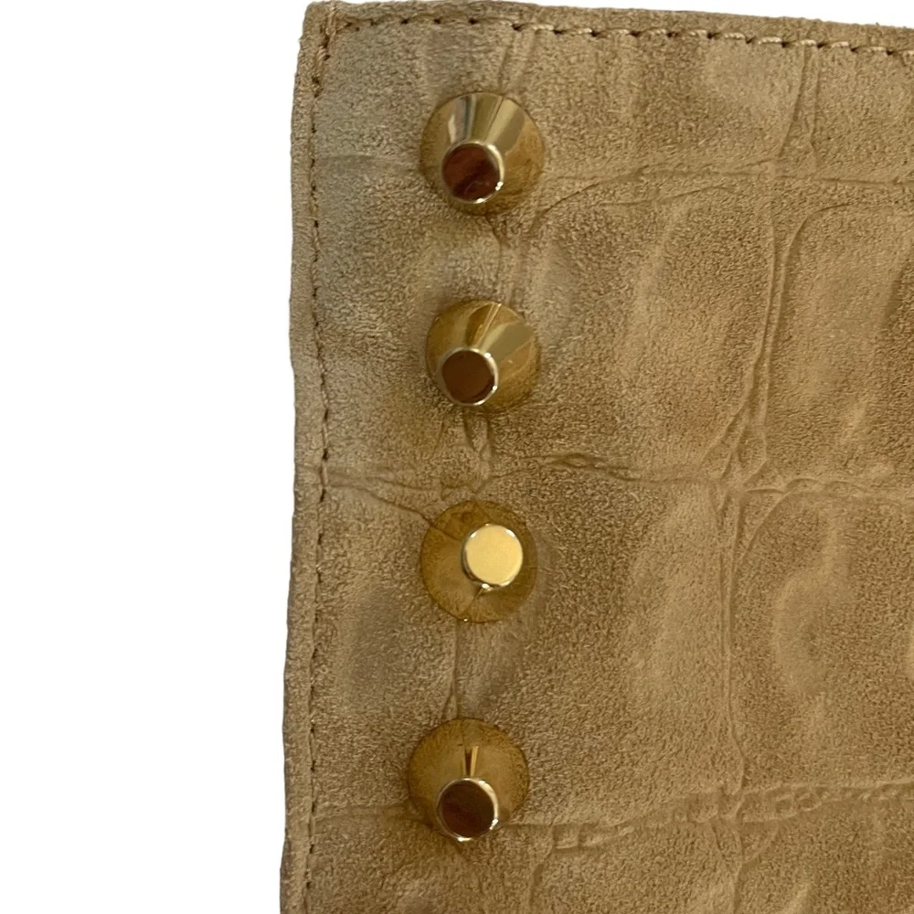 Linea Pelle Designer Clutch Tan Suede Leather Animal Print Gold Studs Lined
